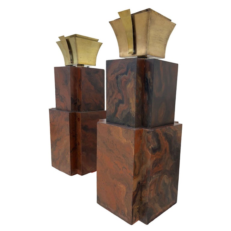 Grand Hollywood Art Deco Style Wood & Brass 9' Tall Torchiere Floor Lamp, Pair