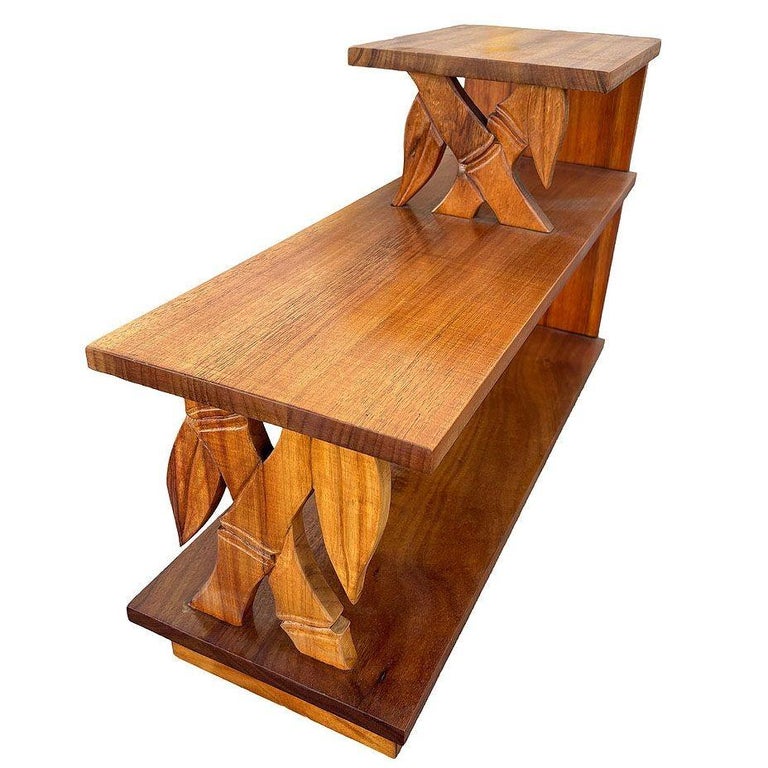 Restored Hand Carved Koa Wood 3 Tiered Side Lamp Table w/ Bamboo Motif