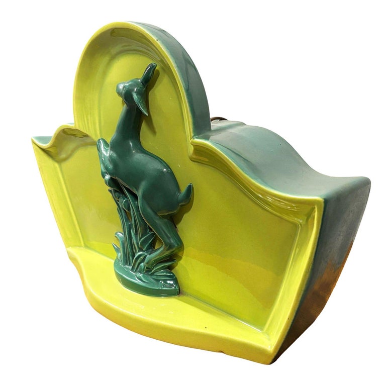 Mid-century Green Ceramic Jumping Deer Mantle TV Lamp by Shawnee Art Pottery