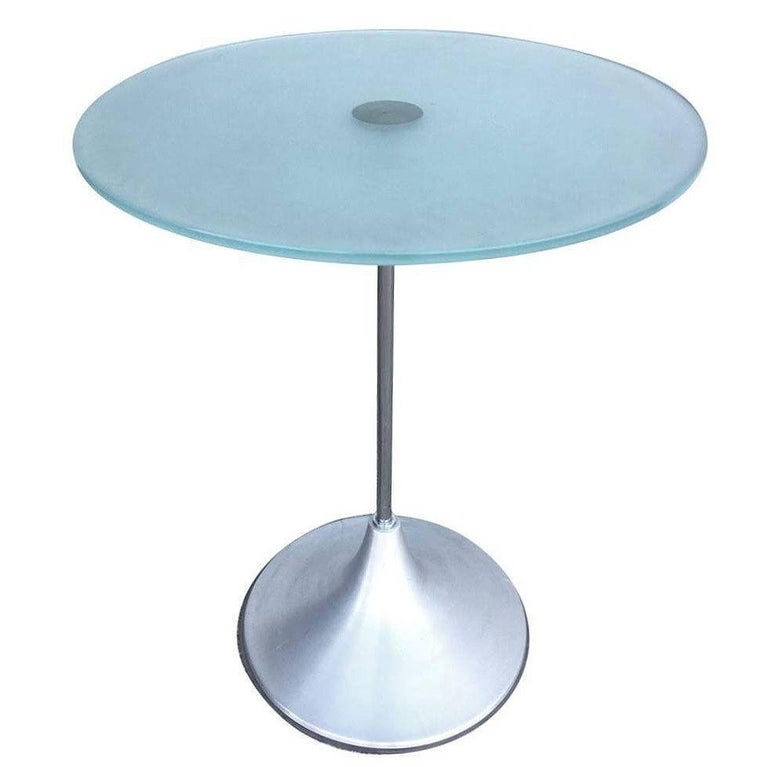 Y2K Chrome & Frosted Glass "Bugle Base" Pedestal Side Table