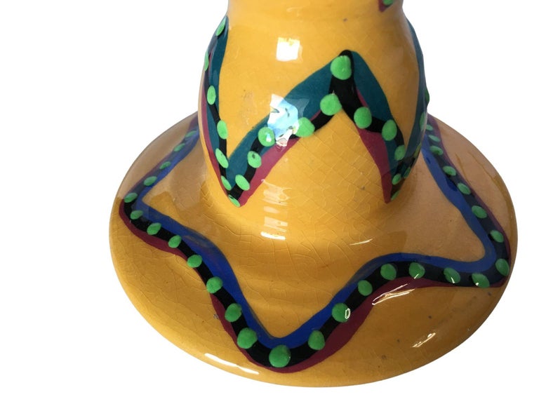 California Art Pottery Yellow Speckle Candlestick holder by Lynda Feman Circa 19