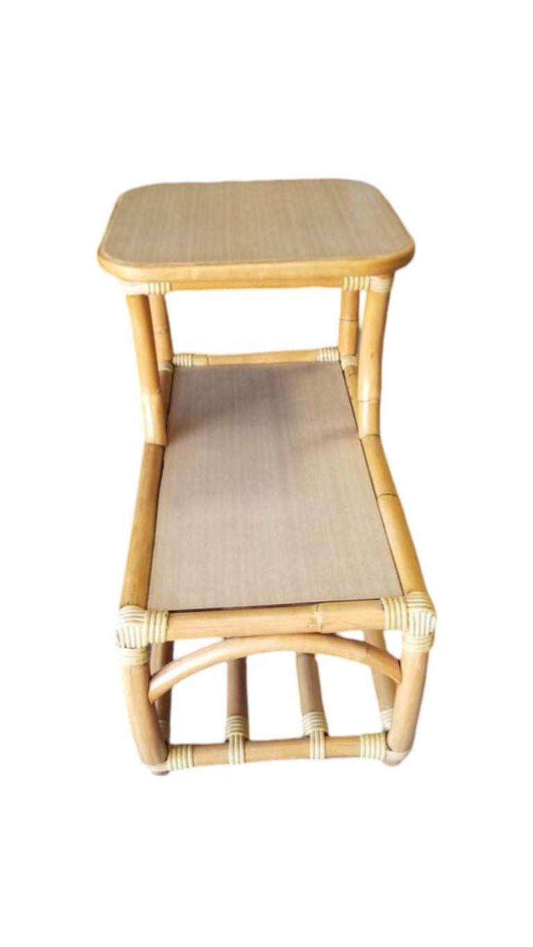 Restored Rattan Side Table 2-Tier w/ Formica Top - Set of 2
