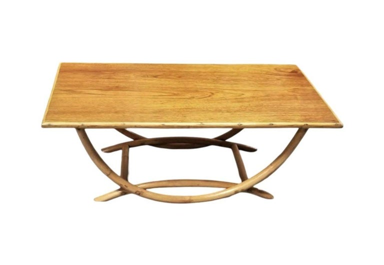Restored Mid-century Rattan Coffee Table w/ Arched Legs & Mahogany Top