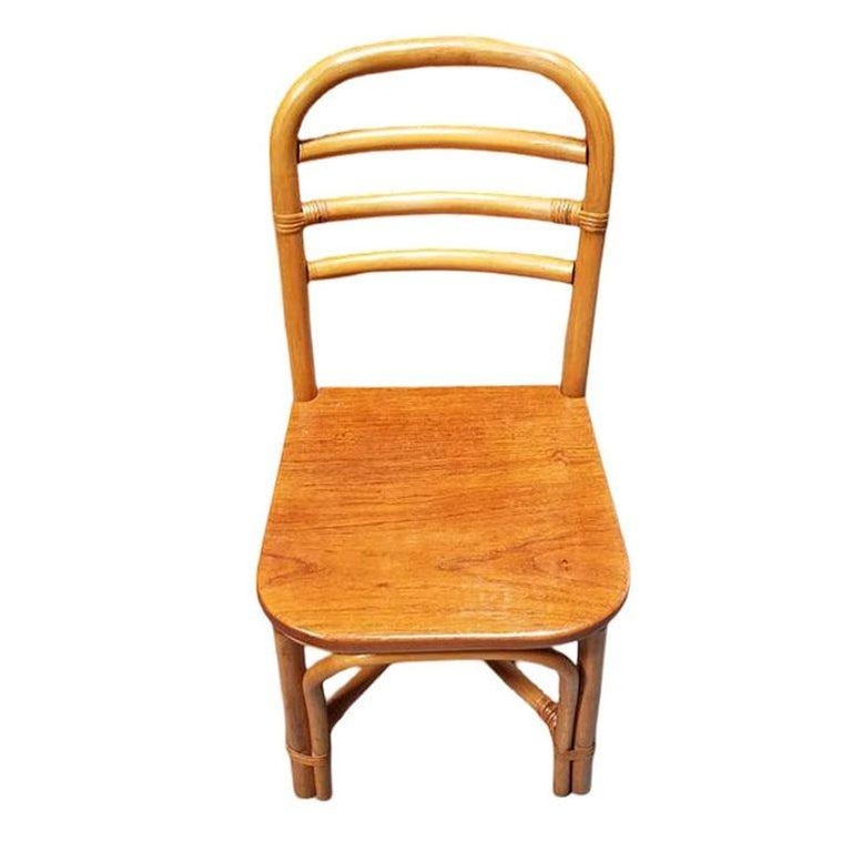 Restored Rattan Skeleton Back Dining Room Chair w/ Mahogany Seat, Set of Six