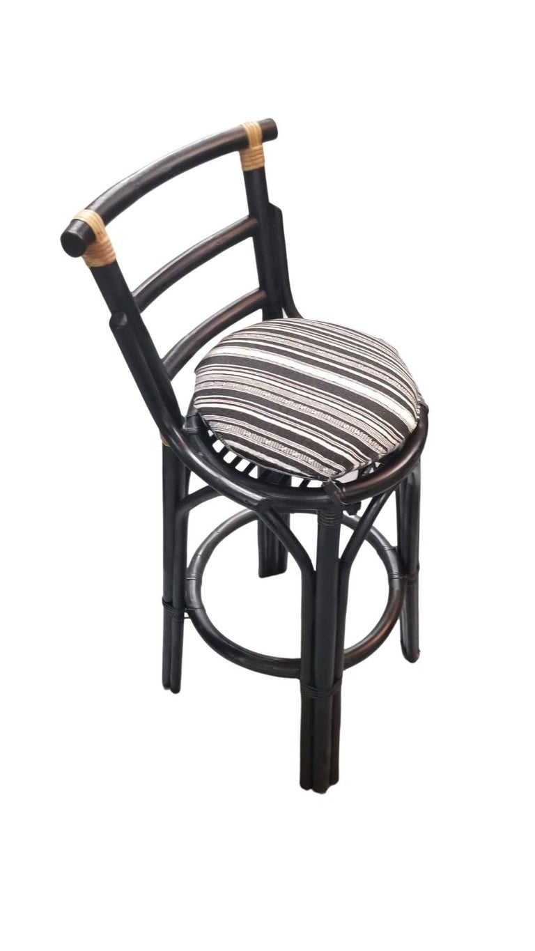 Restored Black Rattan Bar Stools Pair in the style of John Wisner