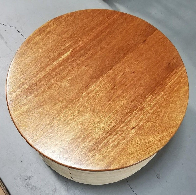 Restored Rattan White Natural Wood Stacked Round Coffee Table with Mahogany Top