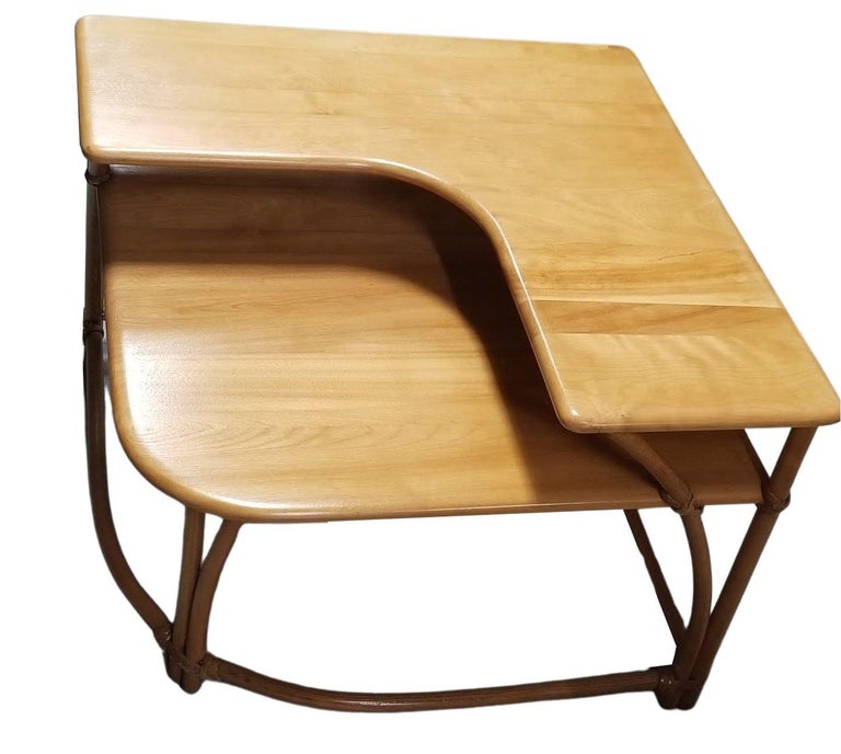 Restored MCM Maple & Faux Rattan "L" Shaped Corner Table by Heywood Wakefield