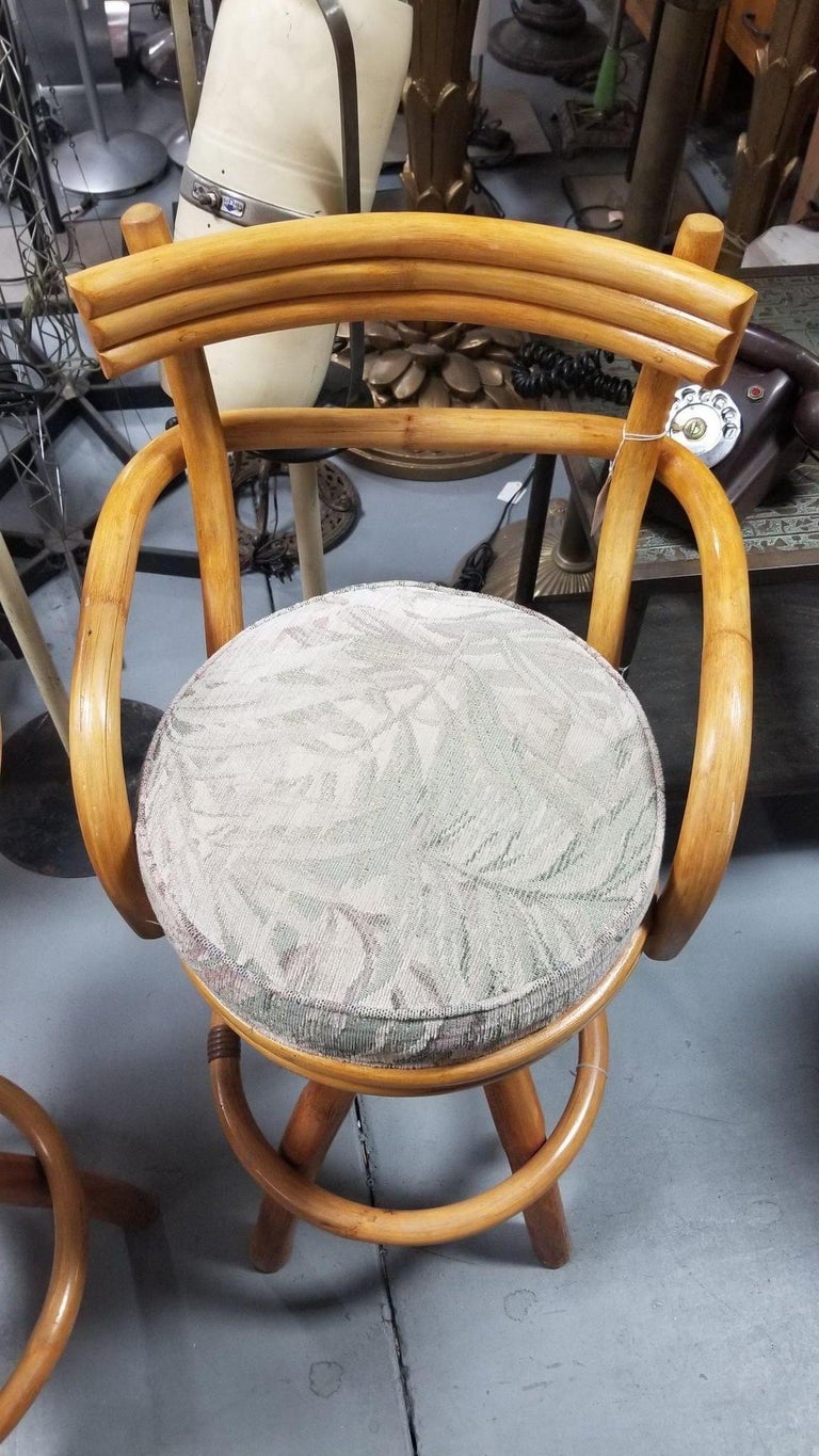 Restored Rattan Pair of Two Stacked Back Bar stools w/ Botanical Fabric Seats