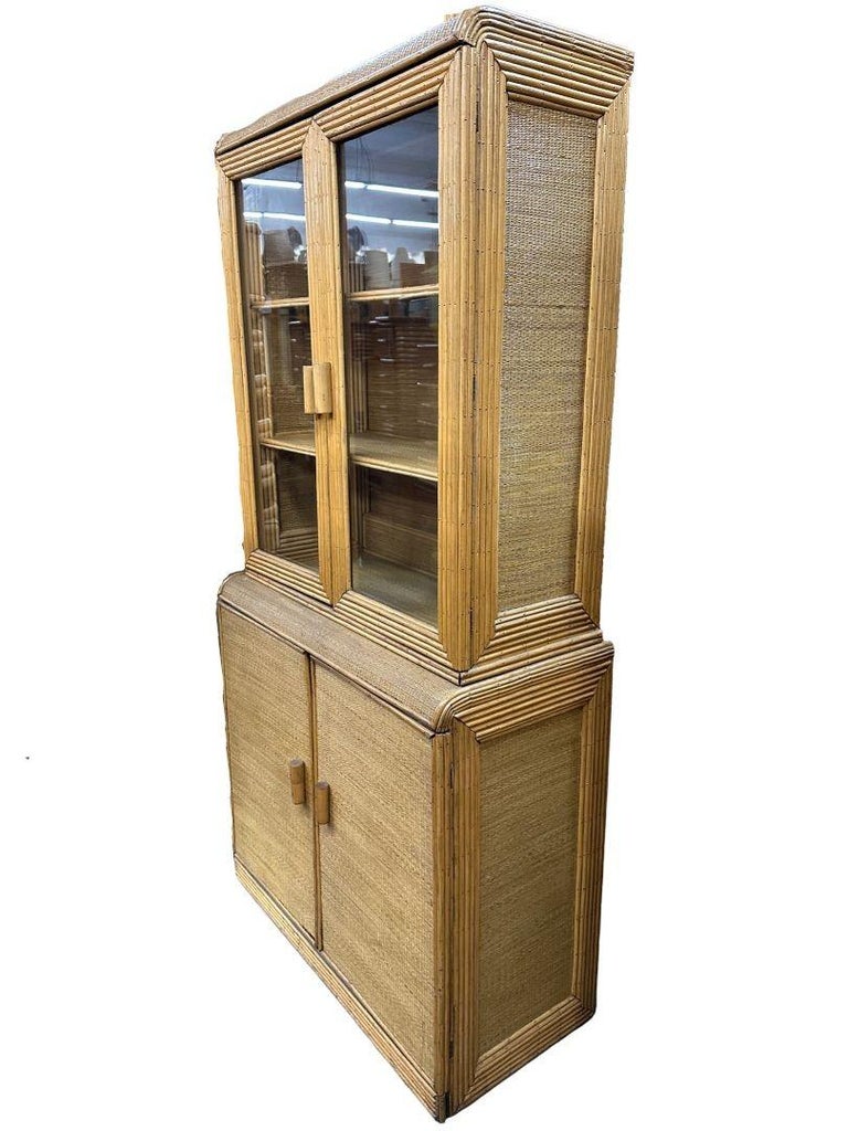 Restored Art Deco Stick Rattan & Grass Mat China Cabinet/Etagere