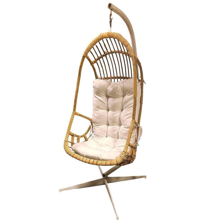 Restored Mid-century Rattan & Wicker Hanging Cocoon Egg Chair w/ Stand