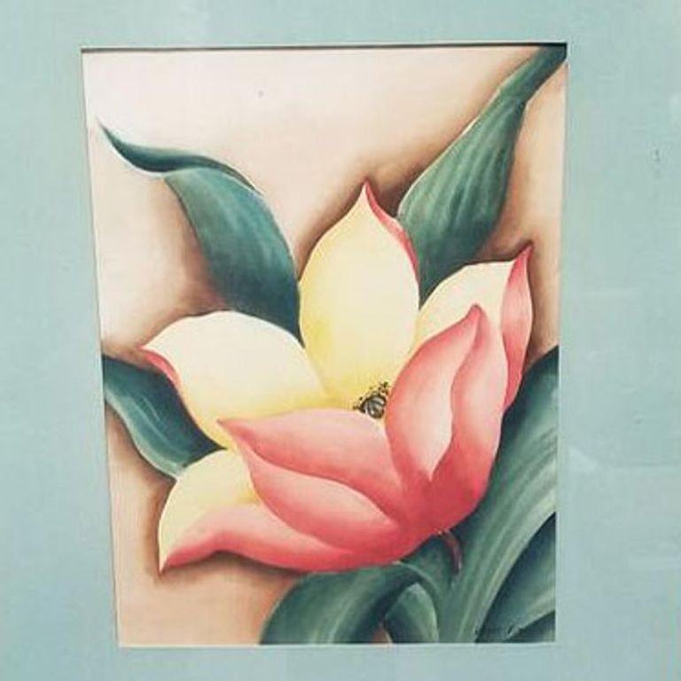 Framed Airbrush on Paper Hibiscus Tropical Floral by Jane Boyd, 1948