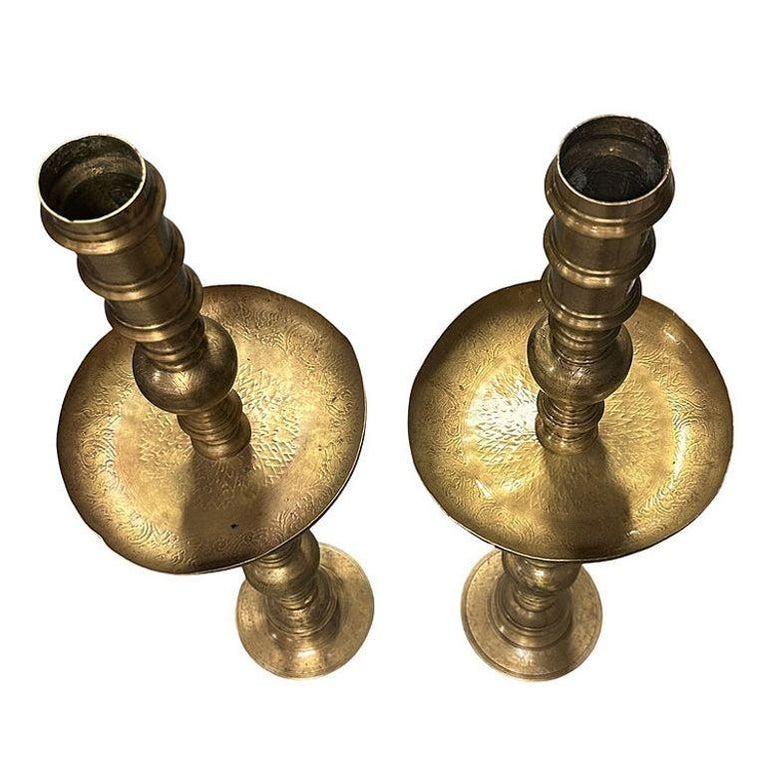 Hand Etched Brass Moroccan Floor Candelabra, Pair