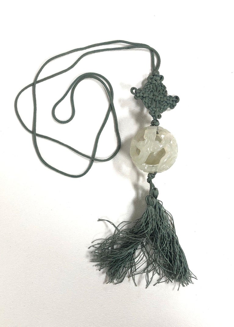 70s Boho Hand-Carved Tremolite Jade Pendant Necklace with Silk Knot & Tassel