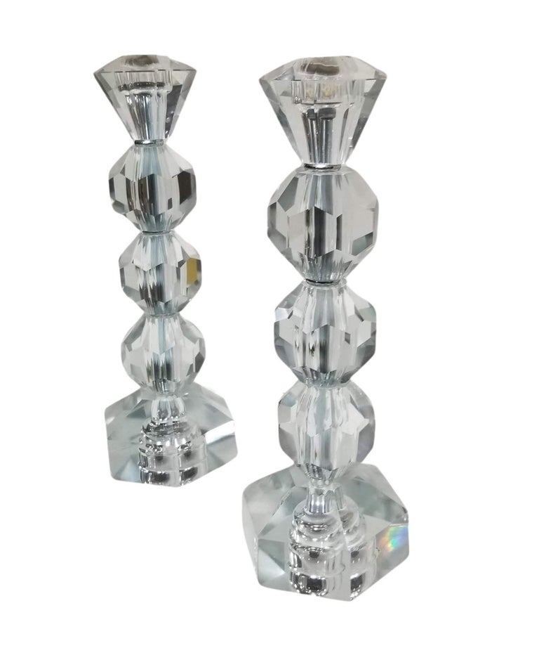 Mid Century Crystal Candlestick Diamond Top - Pair