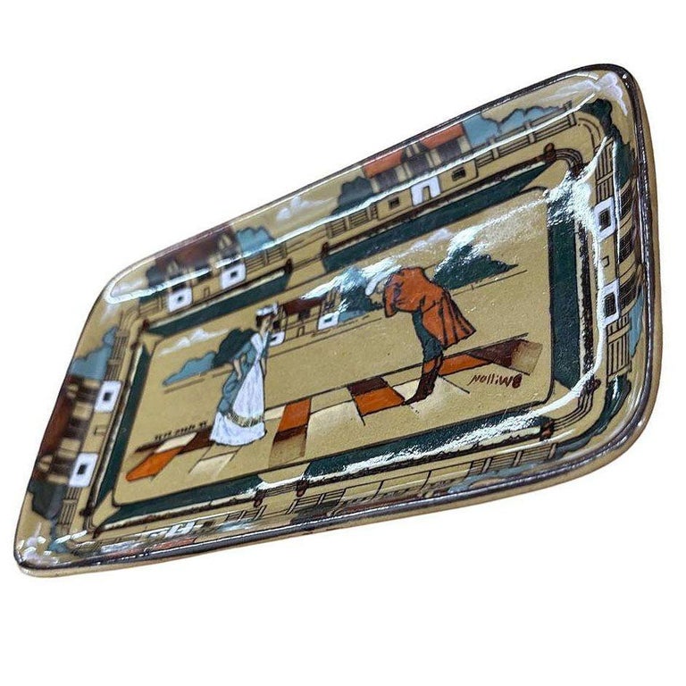 Edwardian Era Pottery "Ye Olden Days" Card Dish by Buffalo Pottery Deldare Ware