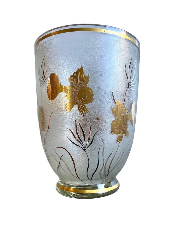 Monumental Etched Glass Vase with Gold Fish Overlay