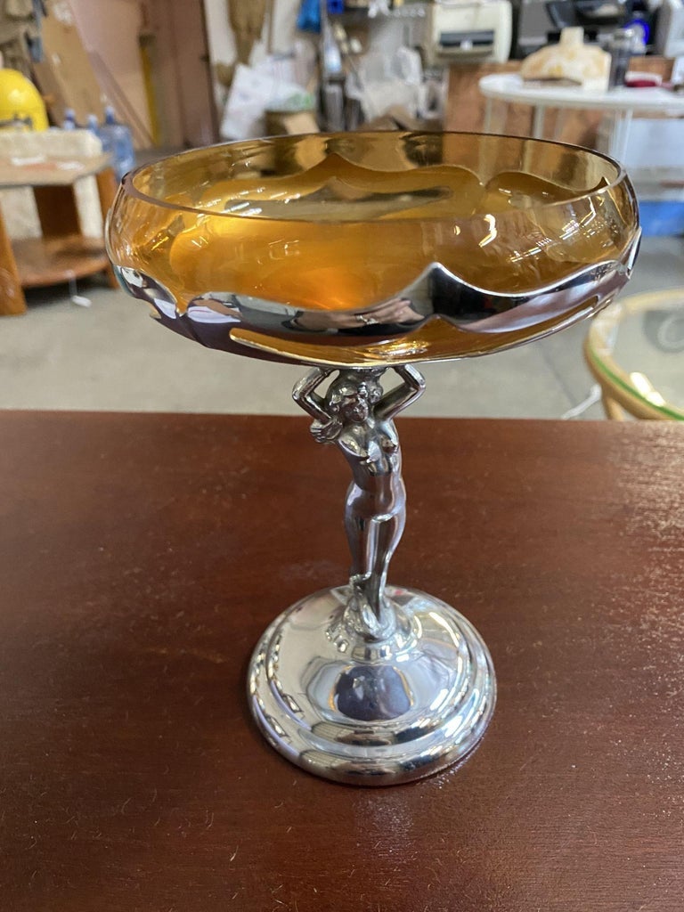 Chrome Farberware Nude Women Art Deco Compote w/ Amber Glass Cup