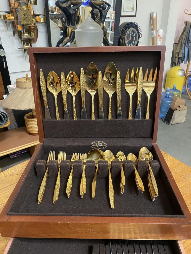 Modernist Pattern Gold Plated Stainless Flatware Set of 92 by 1847 Rogers Bros
