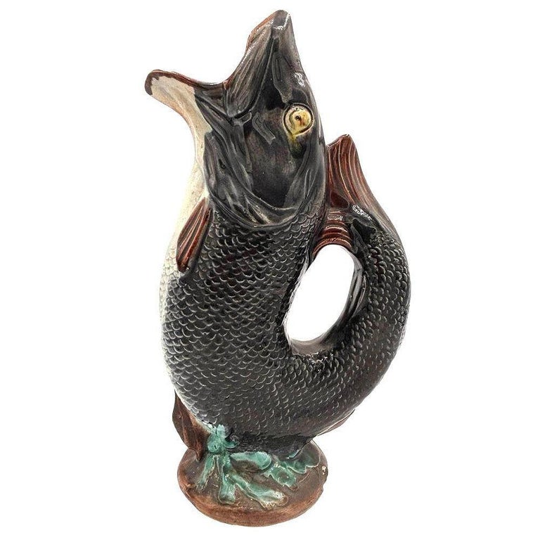 Victorian Hand Painted Majolica Gurgle Fish Ceramic Pitcher
