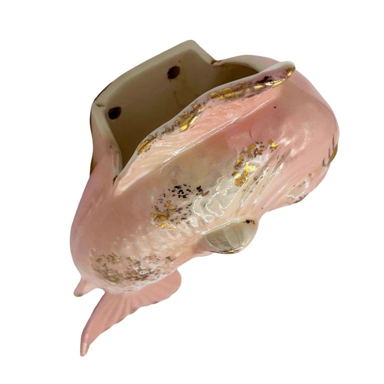 Rare Mid-century California Ceramic Pink & Gold Angel Fish Flower Wall Vase