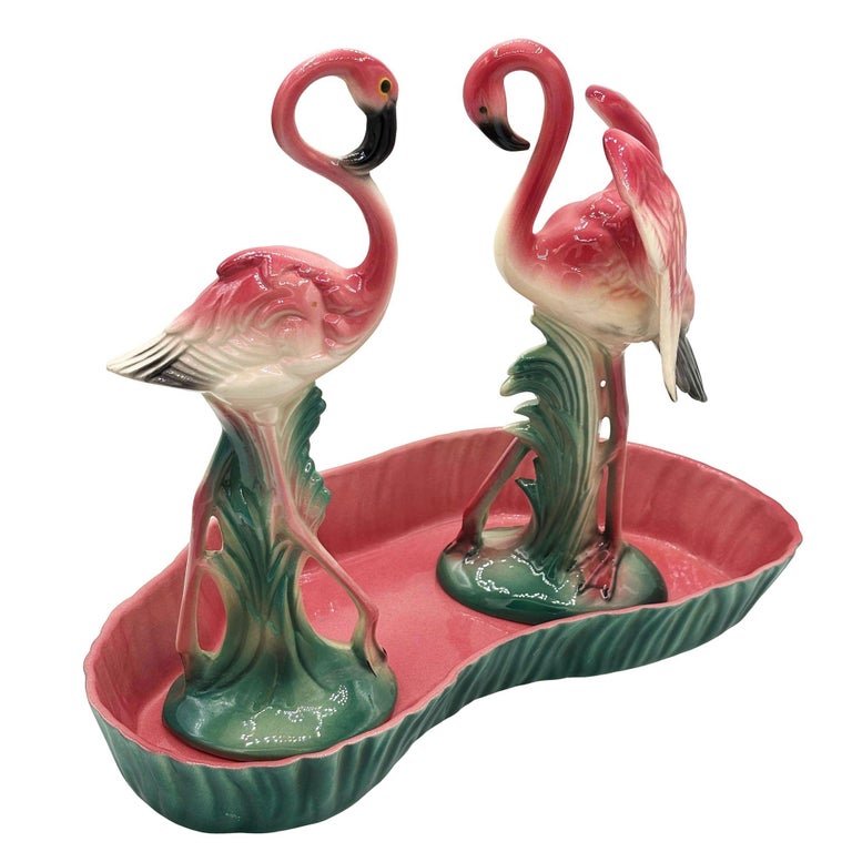 Mid-century Ceramic Flamingo Figurine Set in Tropical Pond Tray by Maddux