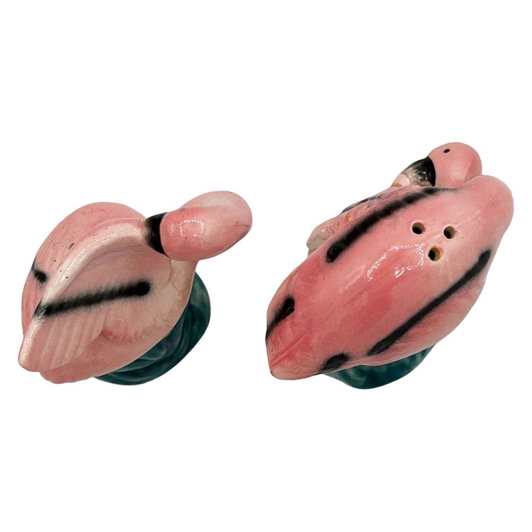 Mid-century Light Pink Flamingo Tropical Leaf Ceramic Salt & Pepper Shaker Set