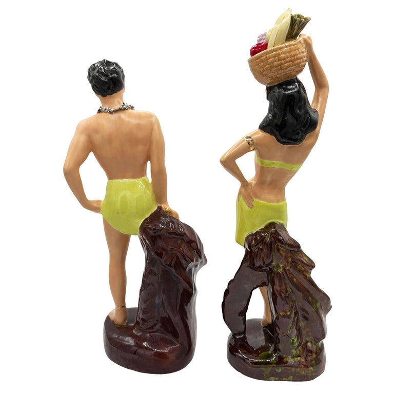 Mid-Century Hand Painted Hawaiian Hula Girl & Male Surfer Ceramic Statue Set