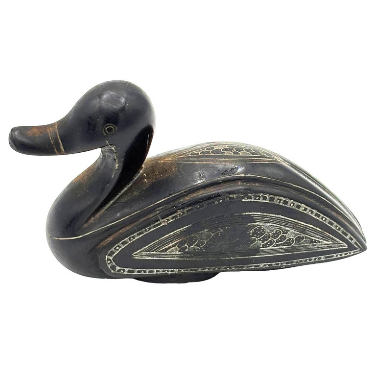 Mid-century Chinese Export Hand Carved Teak Wood Duck