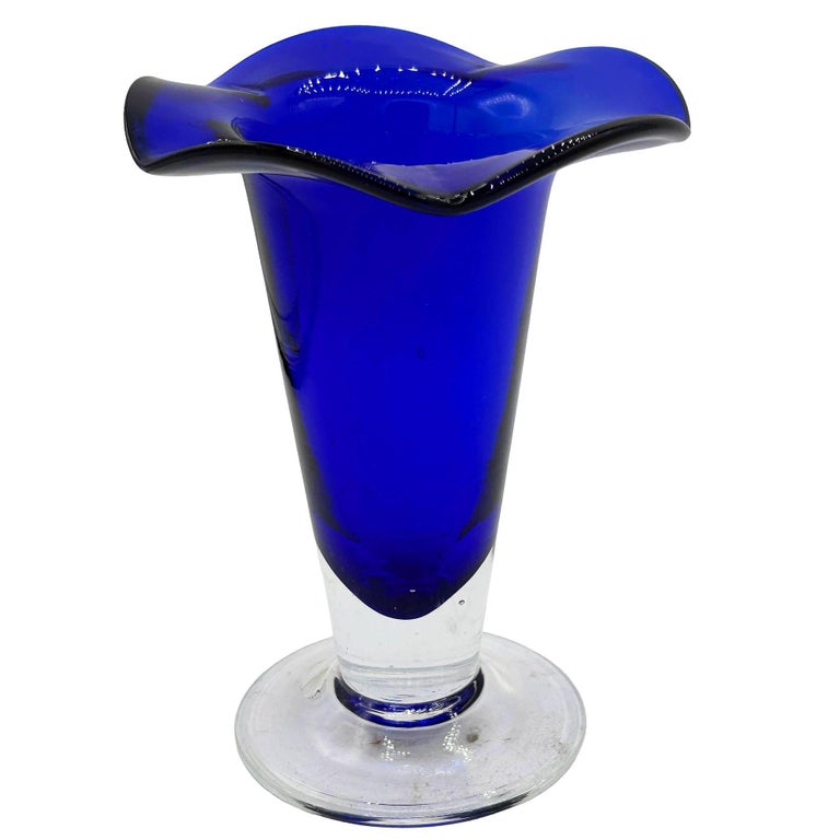 9” Tall Dark Cobalt Blue Art Glass Hand-blown Vase w/ Ruffle Top