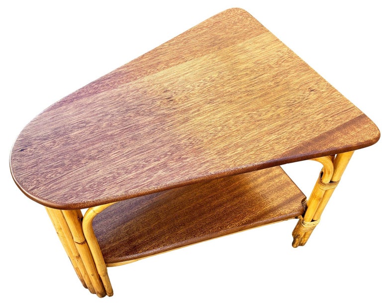 Restored MCM Rattan & Mahogany 7-strand Vertically Stacked Rattan Wedge Table