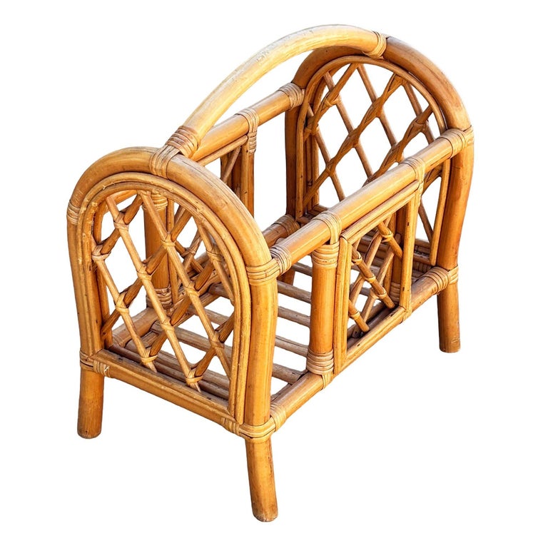 Restored Mid-century Rattan "Triumphal Arch" Magazine Rack with Handle