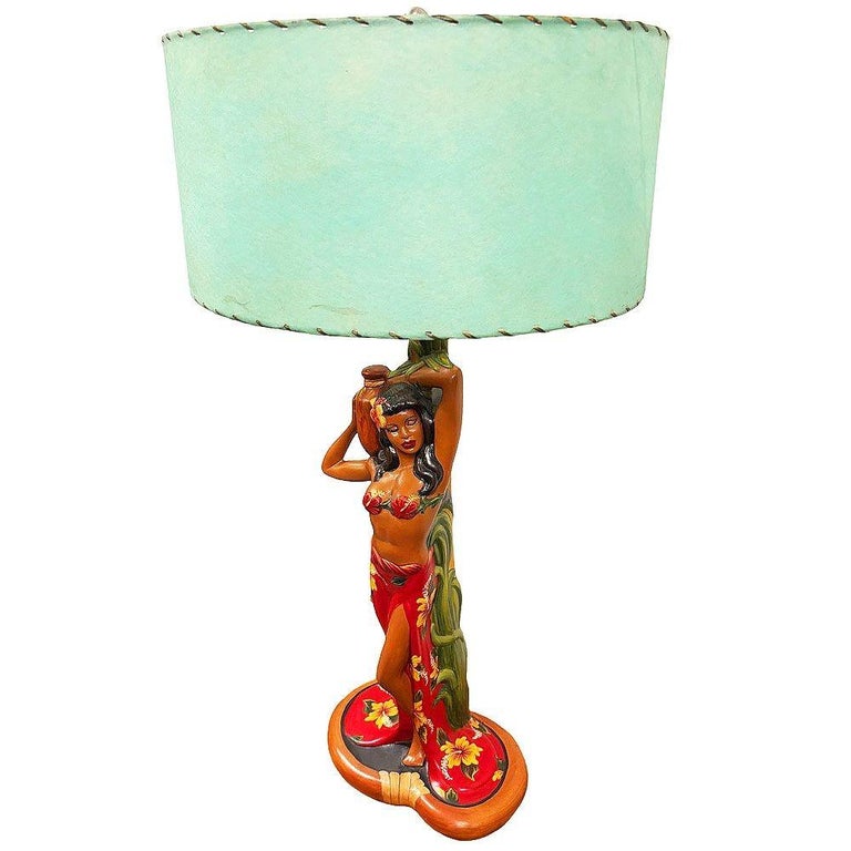 MCM Hand Painted Hawaiian Hula Resin Table Lamp by Santana w/ Wipplestitch Shade