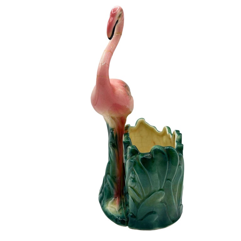 Mid-Century Tropical Pink Flamingo Ceramic Tabletop Planter by Napco
