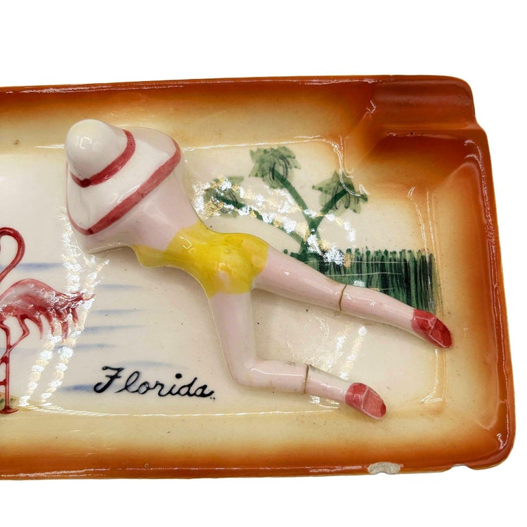 Mid-century Hand Painted 3D Women on Florida Beach Ceramic Ashtray