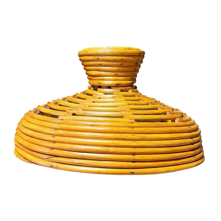 Restored Mid-century Hanging Rattan Ceiling Lamp Chandelier w/ Center Globe