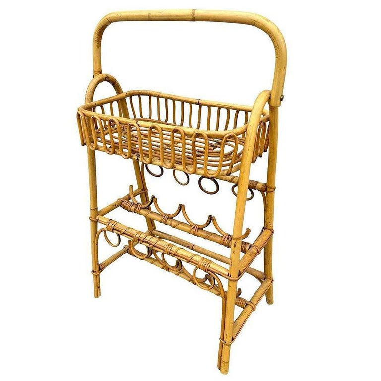 Albini Style Rattan Service Side Table & Bottle Holder w/ Handle