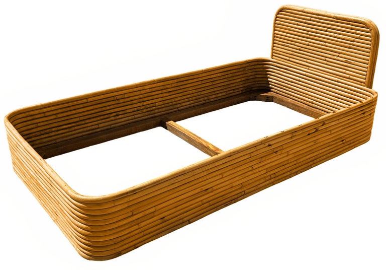 Restored Art Deco Stacked Rattan Bed Twin Size Bed Frame &Headboard, 2 Available