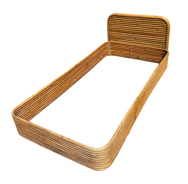 Restored Paul Frankl Style Stacked Rattan Bed Single Size Bed Frame, Kane Kraft