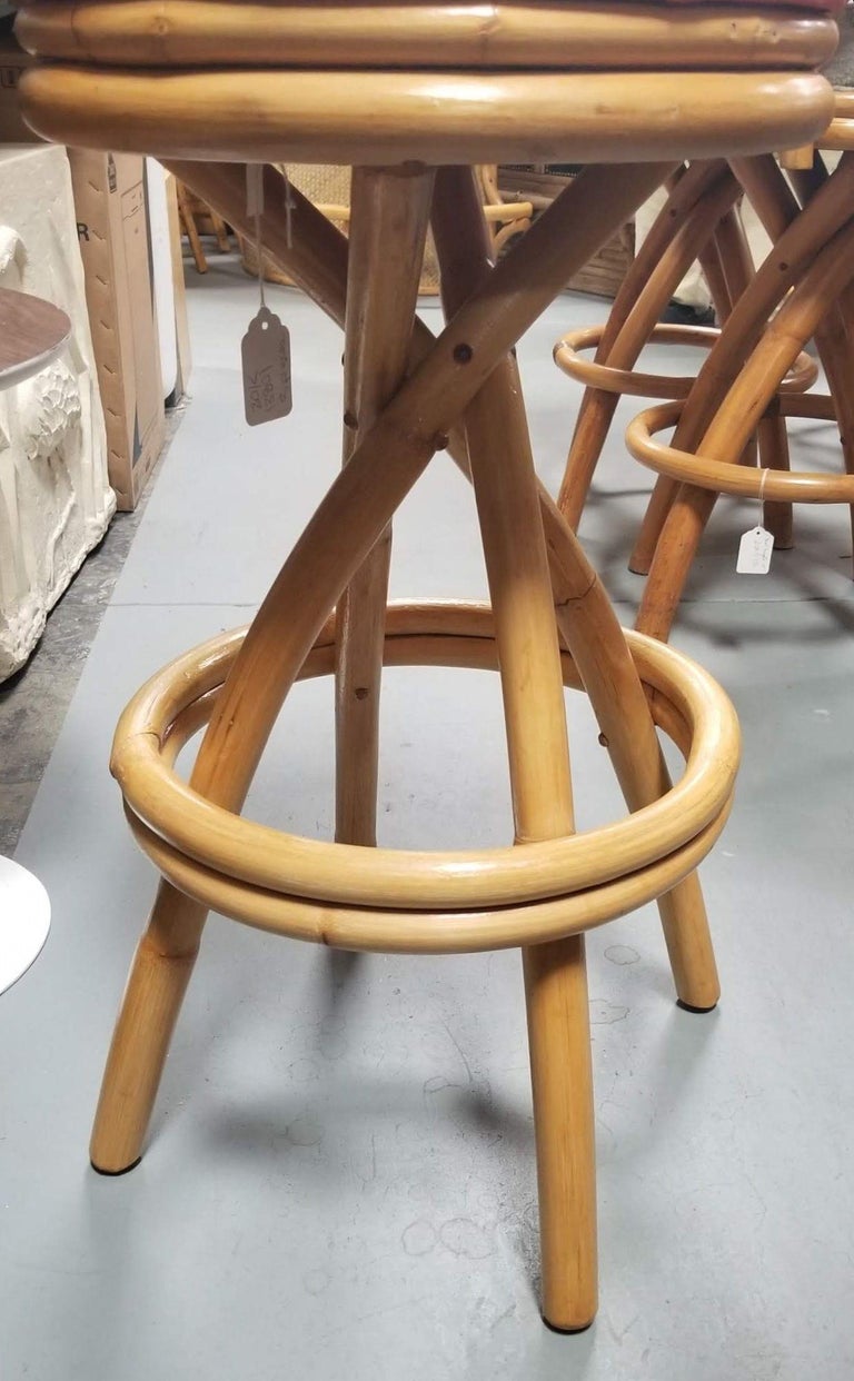 Restored Rattan Spiral Leg Strand Pair of Two Single Stand Red Bar Stools