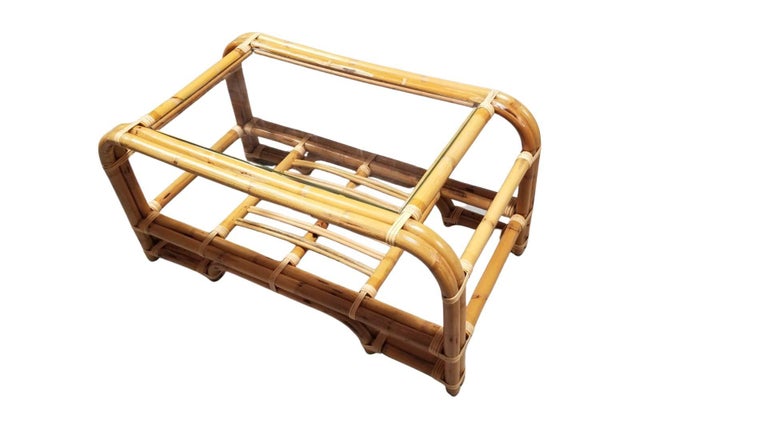 Restored 2-Tiered Rattan Coffee Table w/ Glass Top