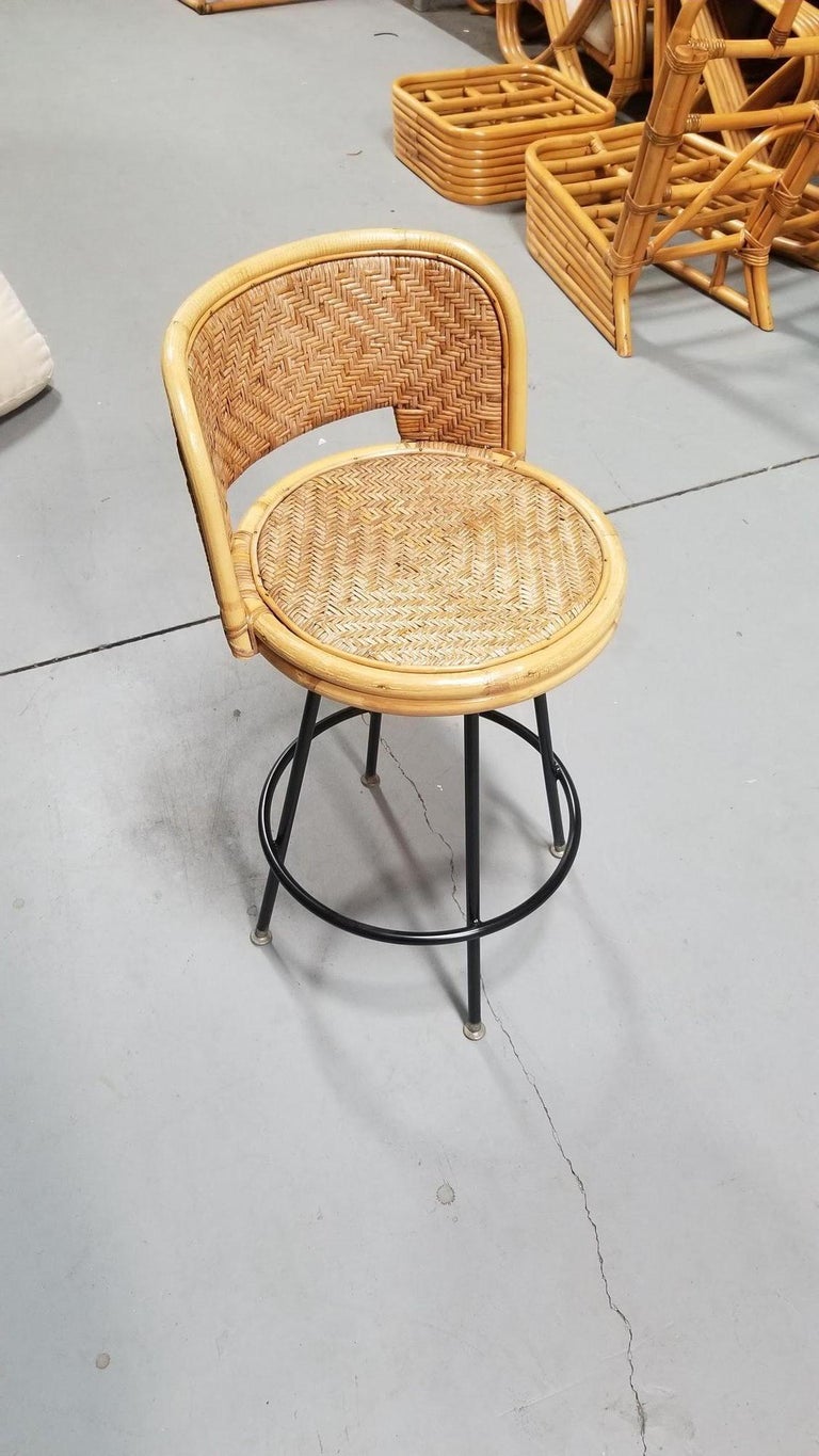 Restored Rattan & Wicker Swivel Bar Stool w/ Iron Base, Seng of Chicago