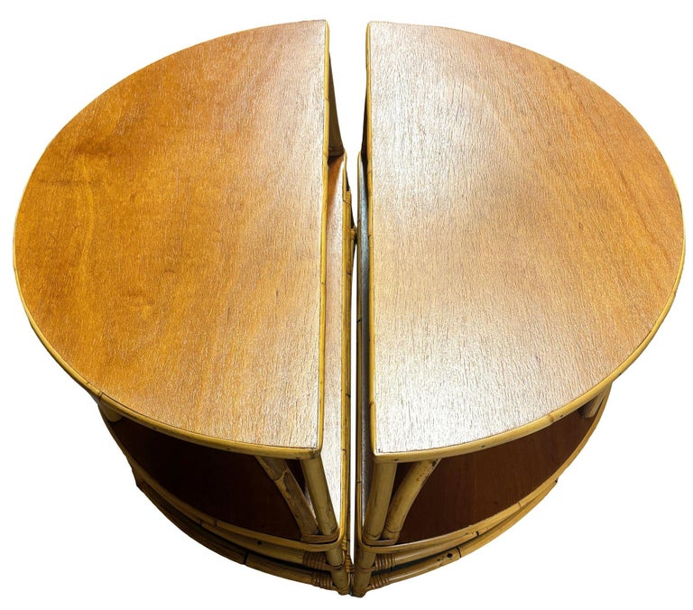 Restored Rattan & Mahogany Half Moon Side Table, Pair