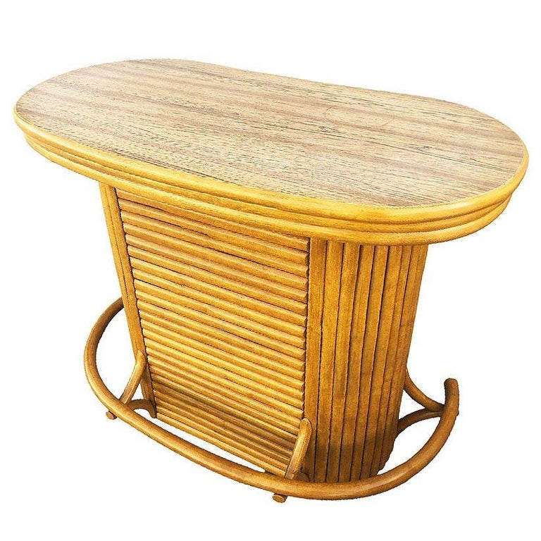 Restored Mid-century Vertically Stacked Oval Top Rattan Bar w/ Foot Rest