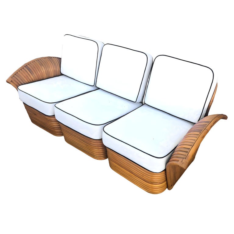 Restored Art Deco Rattan "Fan Arm" Three-Seat Section Sofa w/ Stacked Base
