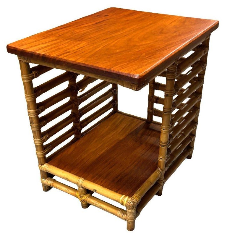 Restored Rattan "Jacob's Ladder" Storage Side Table with Mahogany Top