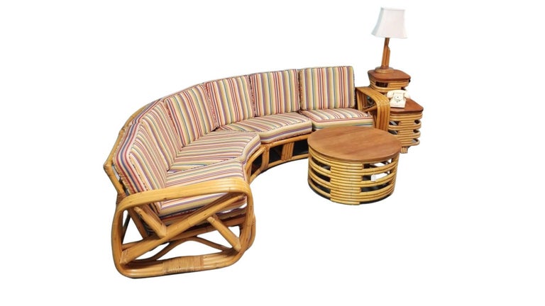 Restored Square Pretzel Rattan Corner Sofa, Coffee & Side Table Living Room Set