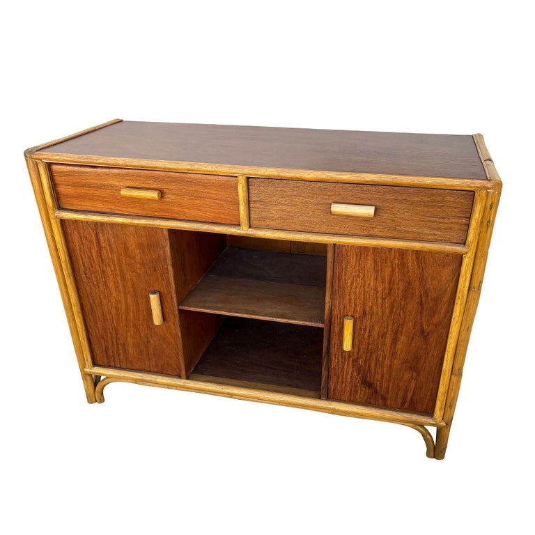 Restored Early Mid-century Stacked Rattan Credenza TV Stand w/ Mahogany Top