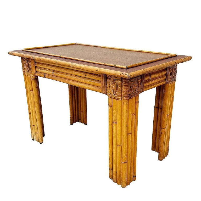Restored Vertically Stacked Rattan Console Table w/ Mahogany Top