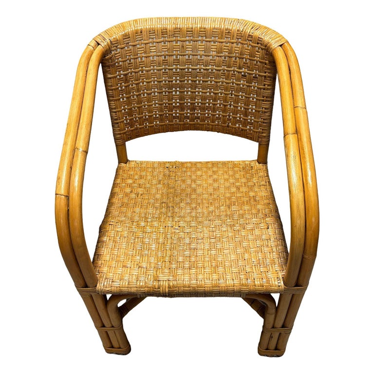 Restored Modern 2-Strand Rattan Armchair Dining Chair w/ Wicker Seat, Set of 4