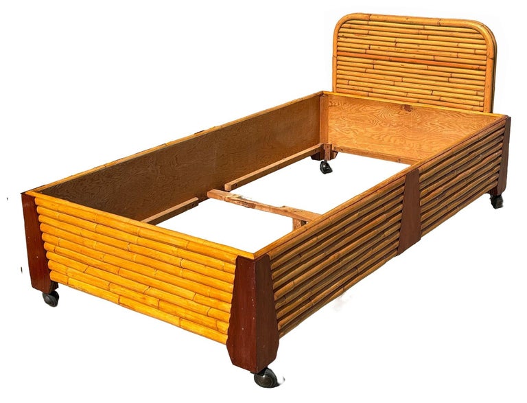 Restored Art Deco Geometric Stacked Rattan Bed and Mahogany Twin Bed Frame